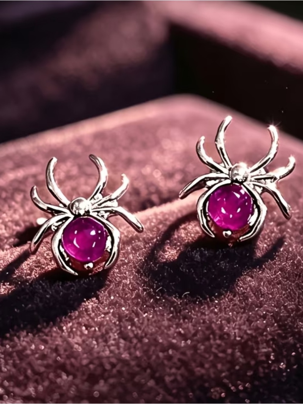 Silver Spider Stud Earrings with Pink Gemstone